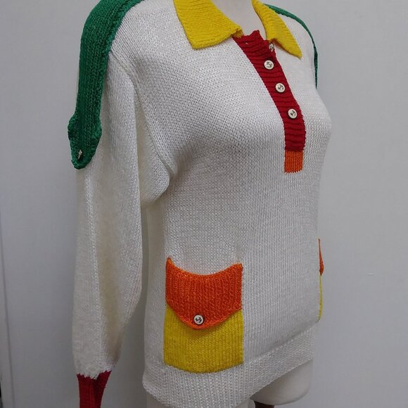 Sweater 80's Colourful -White with Red, Orange, Yellow, Green Accents & Nautical - Picture 4 of 9